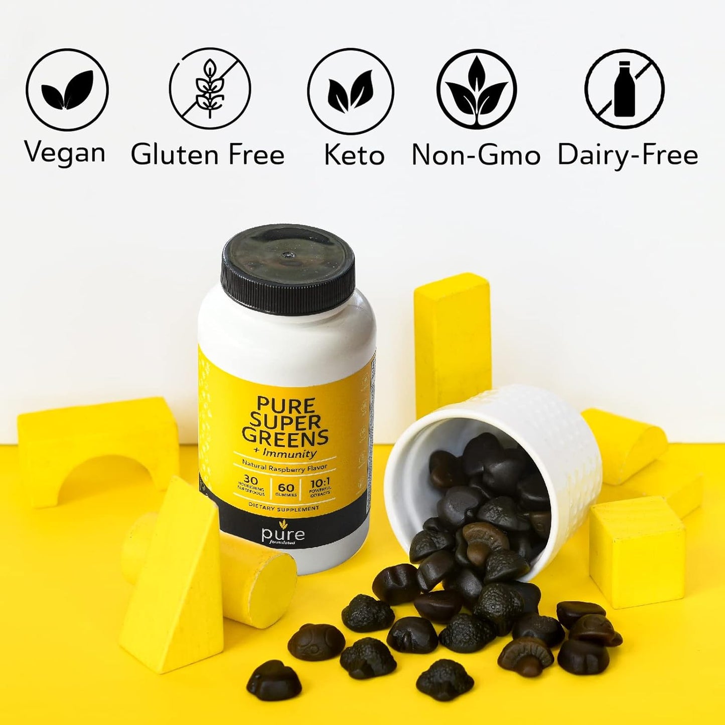Super Greens Multivitamin Gummies for Adults - Immune Support with 30 Superfoods - Vegan Raspberry Flavor - 60 Gummies
