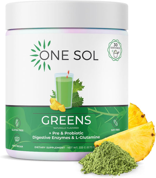 Super Greens Powder for Gut Health & Bloating Relief - Organic Blend with Pre & Probiotics, Digestive Enzymes, Vegan & Soy Free