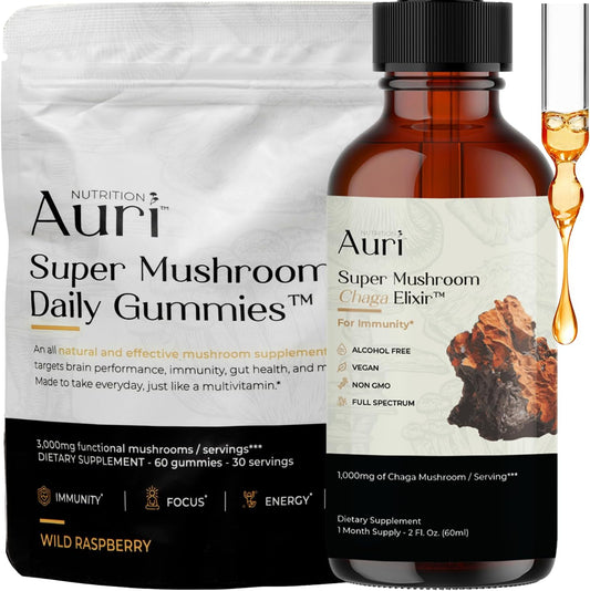 Super Mushroom Chaga Bundle: Immune Support & Stress Management Gummies + Elixir for Energy, Focus - 60 Gummies + 60ml Tincture