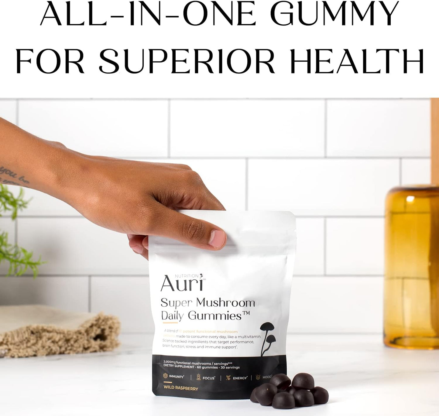 Super Mushroom Chaga Bundle: Immune Support & Stress Management Gummies + Elixir for Energy, Focus - 60 Gummies + 60ml Tincture
