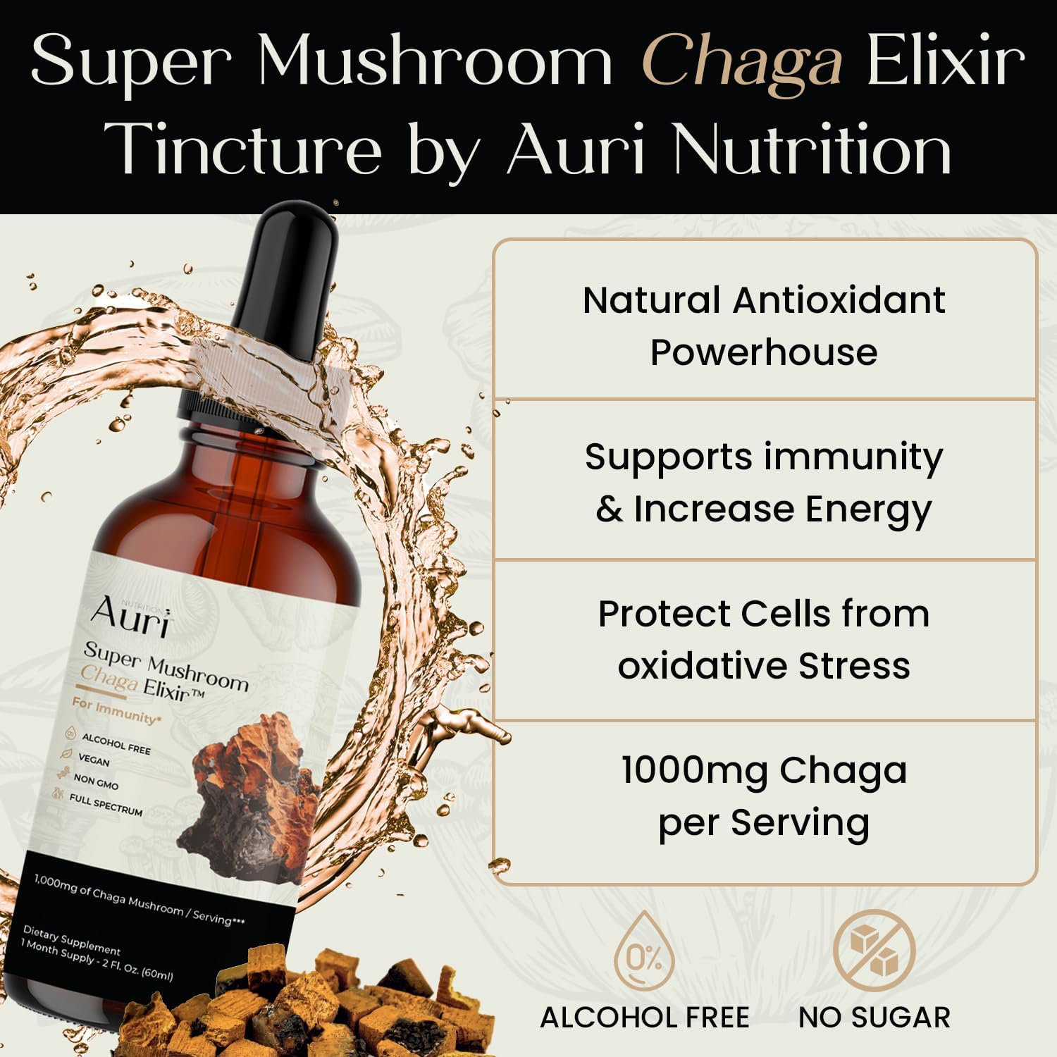 Super Mushroom Chaga Bundle: Immune Support & Stress Management Gummies + Elixir for Energy, Focus - 60 Gummies + 60ml Tincture