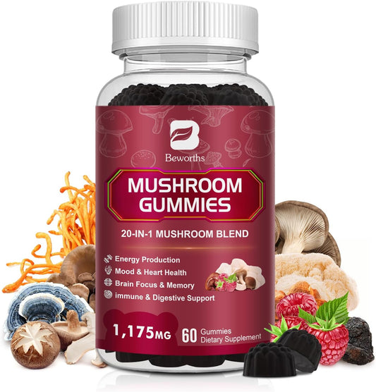 Super Mushroom Complex Gummies with Lion's Mane, Cordyceps, Reishi - Support Brain Health & Focus, Non-GMO, Raspberry Flavor, 60 Gummies