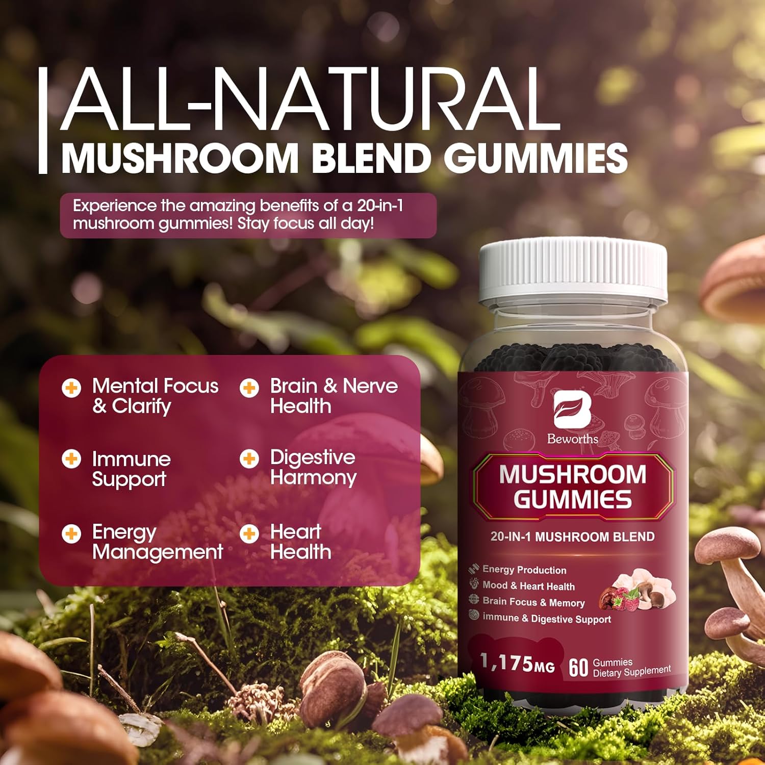 Super Mushroom Complex Gummies with Lion's Mane, Cordyceps, Reishi - Support Brain Health & Focus, Non-GMO, Raspberry Flavor, 60 Gummies