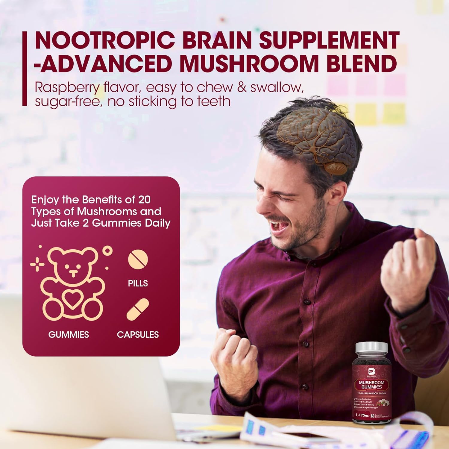 Super Mushroom Complex Gummies with Lion's Mane, Cordyceps, Reishi - Support Brain Health & Focus, Non-GMO, Raspberry Flavor, 60 Gummies