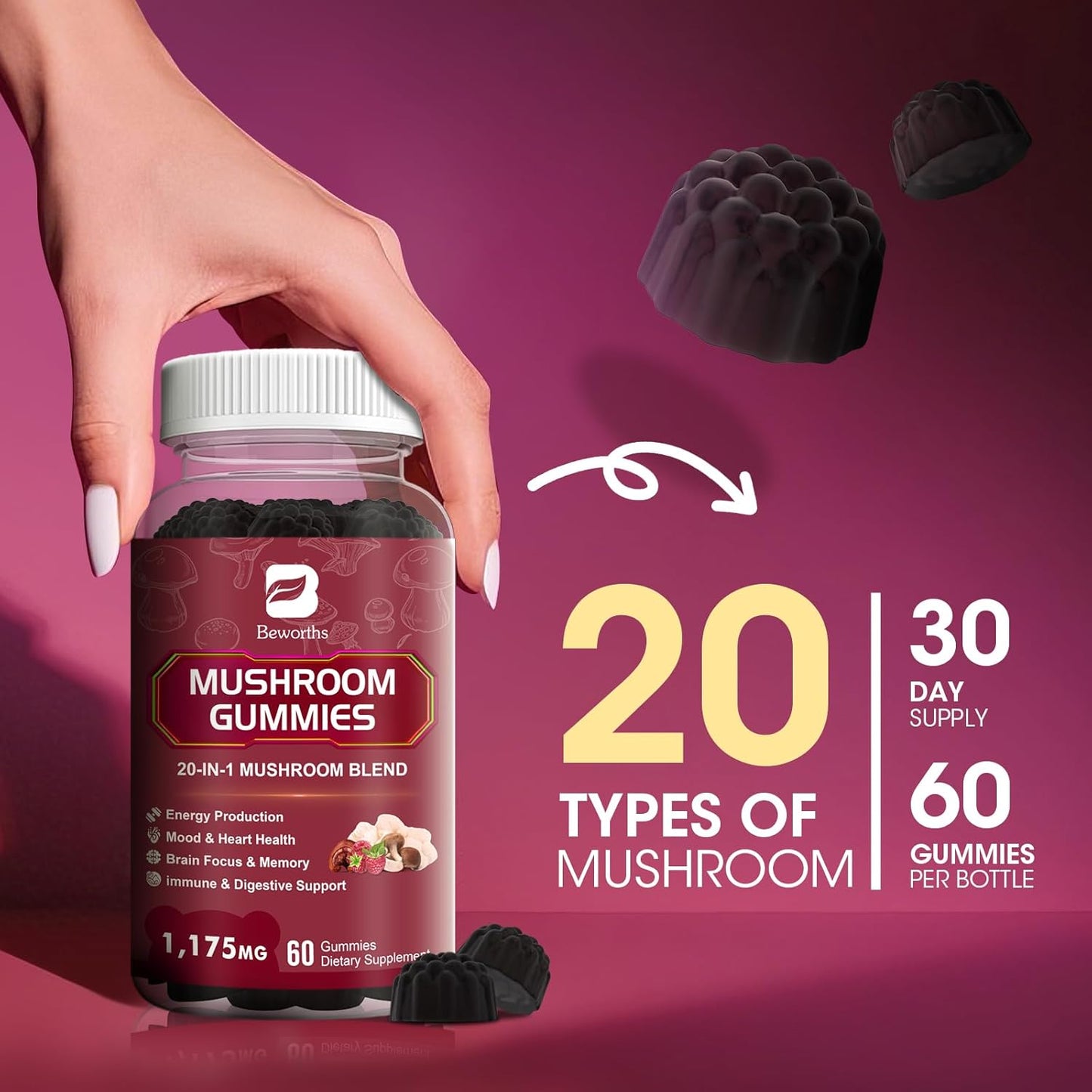 Super Mushroom Complex Gummies with Lion's Mane, Cordyceps, Reishi - Support Brain Health & Focus, Non-GMO, Raspberry Flavor, 60 Gummies