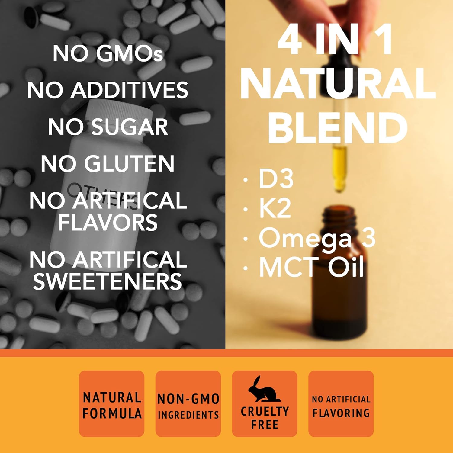 Super Natural Goods Vitamin D3 K2 Liquid Drops 5000 IU (4oz) - Maximum Strength Bone, Heart, Joint, Muscle Support Supplement with Fast Absorption Formula - 4 in 1 Complex Formula with MCT Oil & Omega 3 - Non-GMO