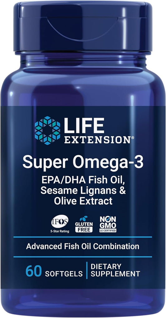Super Omega-3 Fish Oil with Sesame Lignans & Olive Extract - Heart, Brain, Inflammation, & Cholesterol Support - 60 Softgels