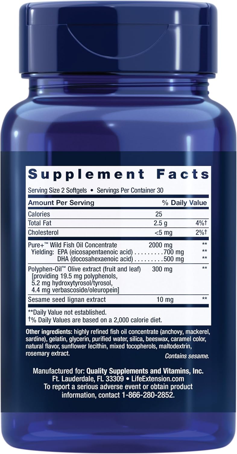 Super Omega-3 Fish Oil with Sesame Lignans & Olive Extract - Heart, Brain, Inflammation, & Cholesterol Support - 60 Softgels