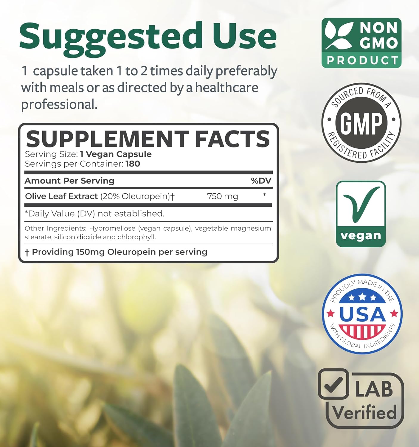 Super Strength Olive Leaf Extract Capsules - 750mg - Non-GMO - 20% Oleuropein - Immune Support, Skin Health, Antioxidants - Vegetarian - 180 Capsules