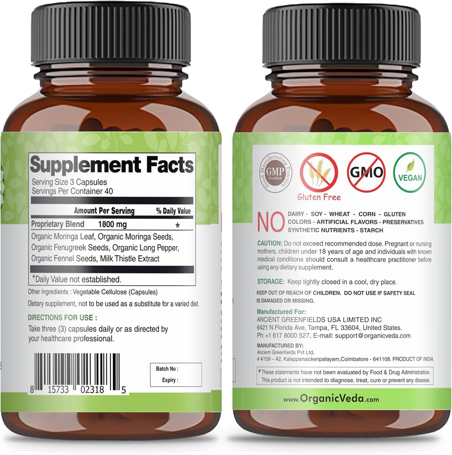 Super Strength Organic Veda Moringa Max Milk Lactation Supplement - 1800mg Capsules with Fenugreek & Milk Thistle for Breastfeeding