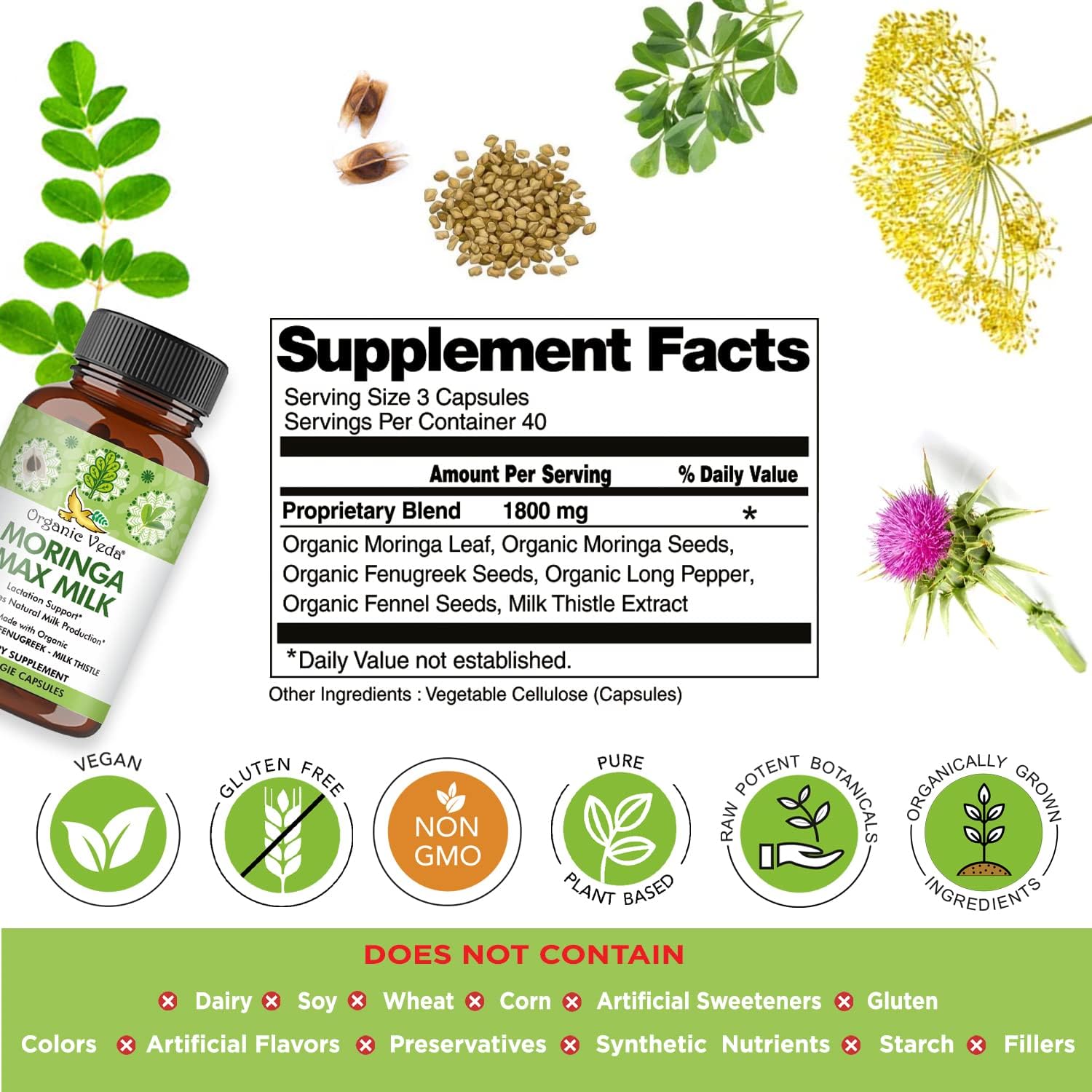 Super Strength Organic Veda Moringa Max Milk Lactation Supplement - 1800mg Capsules with Fenugreek & Milk Thistle for Breastfeeding