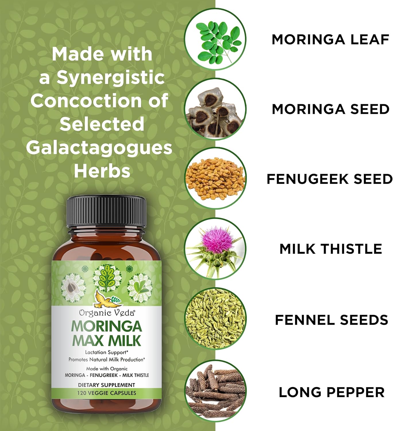 Super Strength Organic Veda Moringa Max Milk Lactation Supplement - 1800mg Capsules with Fenugreek & Milk Thistle for Breastfeeding