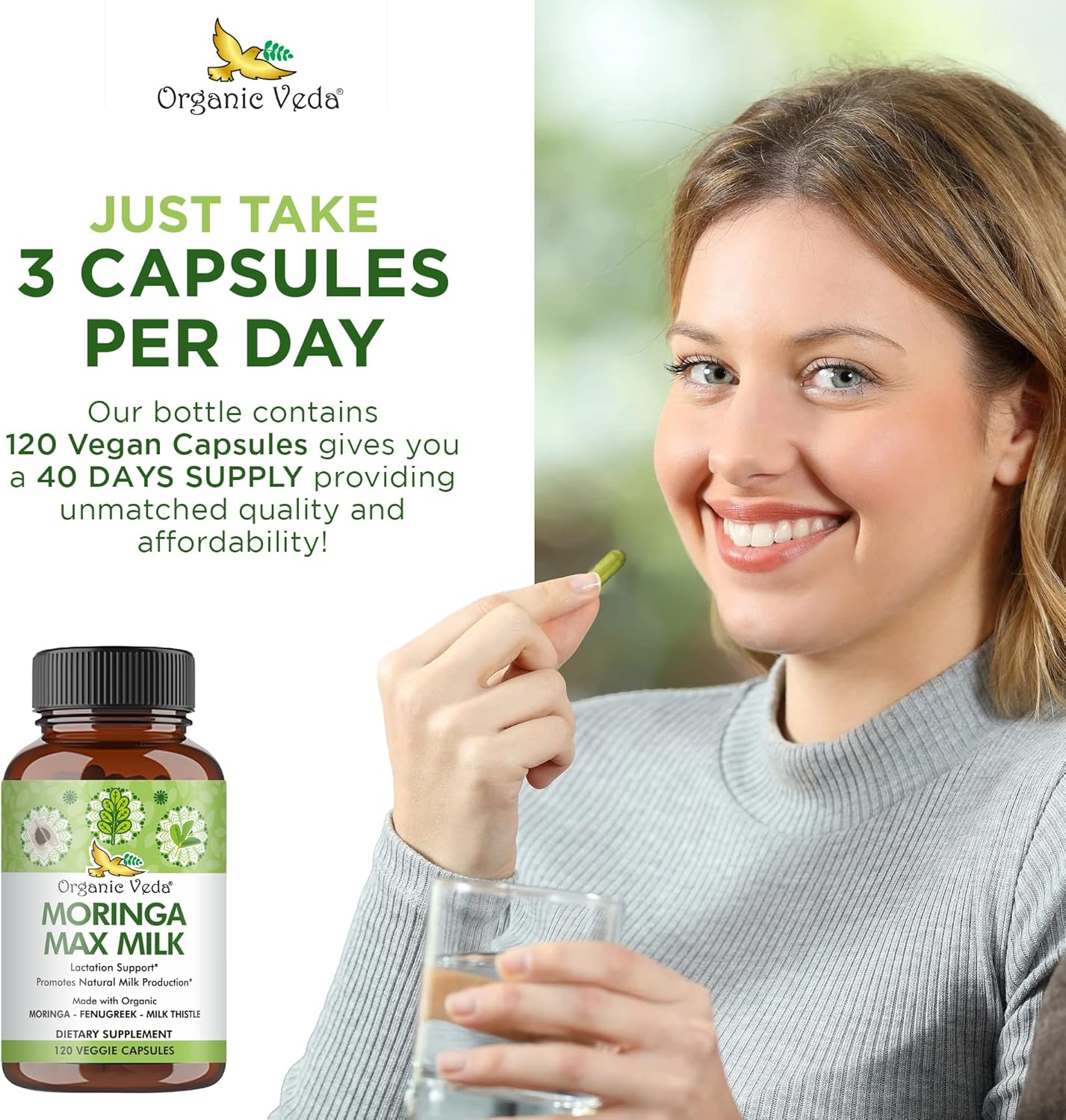Super Strength Organic Veda Moringa Max Milk Lactation Supplement - 1800mg Capsules with Fenugreek & Milk Thistle for Breastfeeding