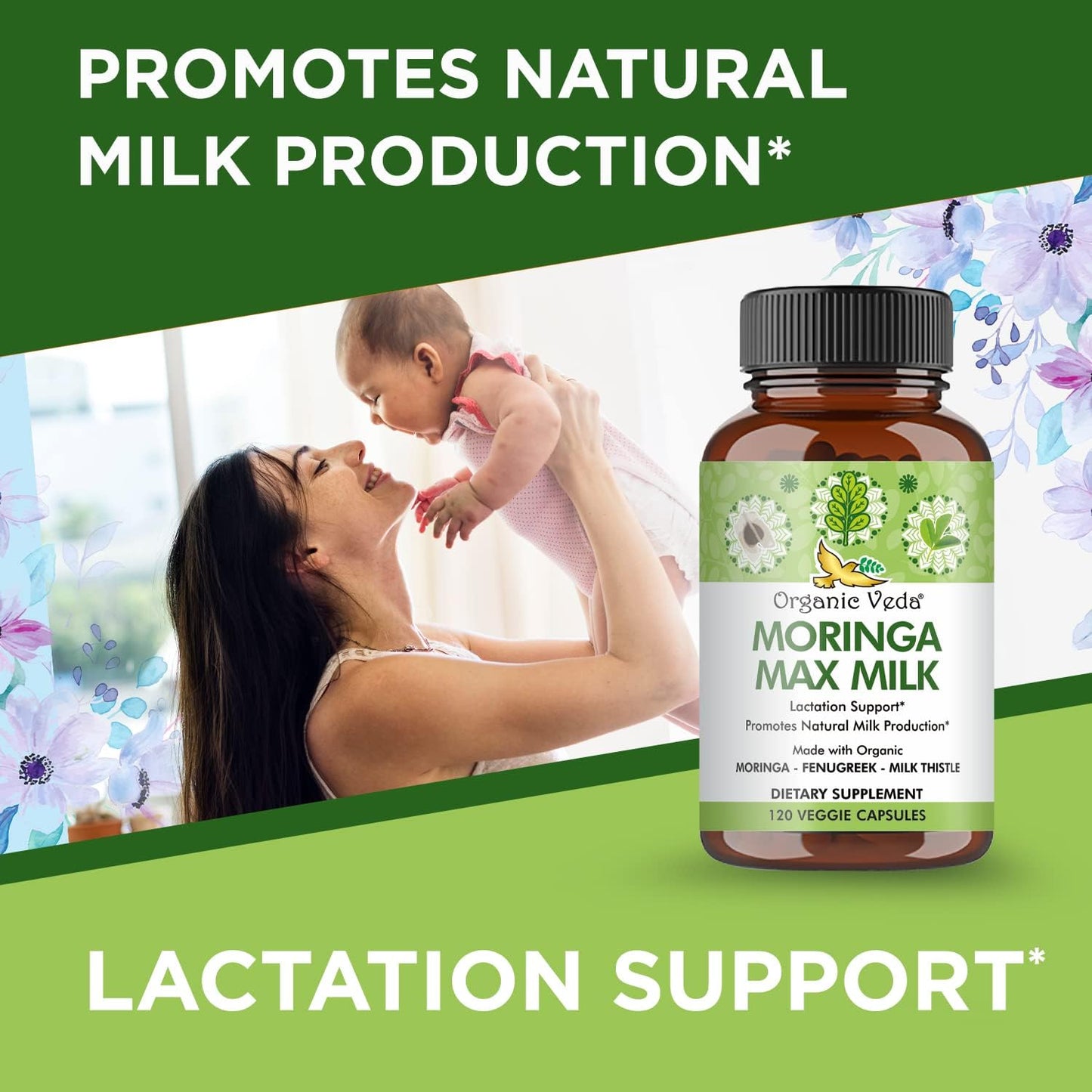 Super Strength Organic Veda Moringa Max Milk Lactation Supplement - 1800mg Capsules with Fenugreek & Milk Thistle for Breastfeeding