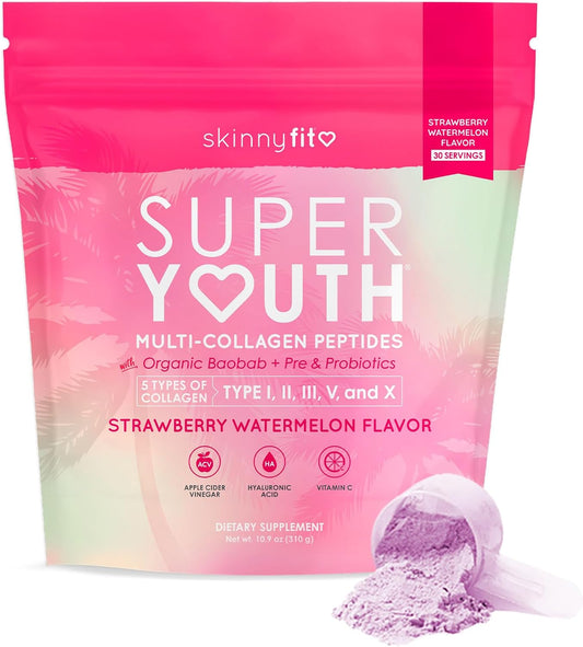 Super Youth Strawberry Watermelon Collagen Peptides with Probiotics, Fiber, Hyaluronic Acid, Vitamin C - Skin, Hair, Joint & Metabolism Support