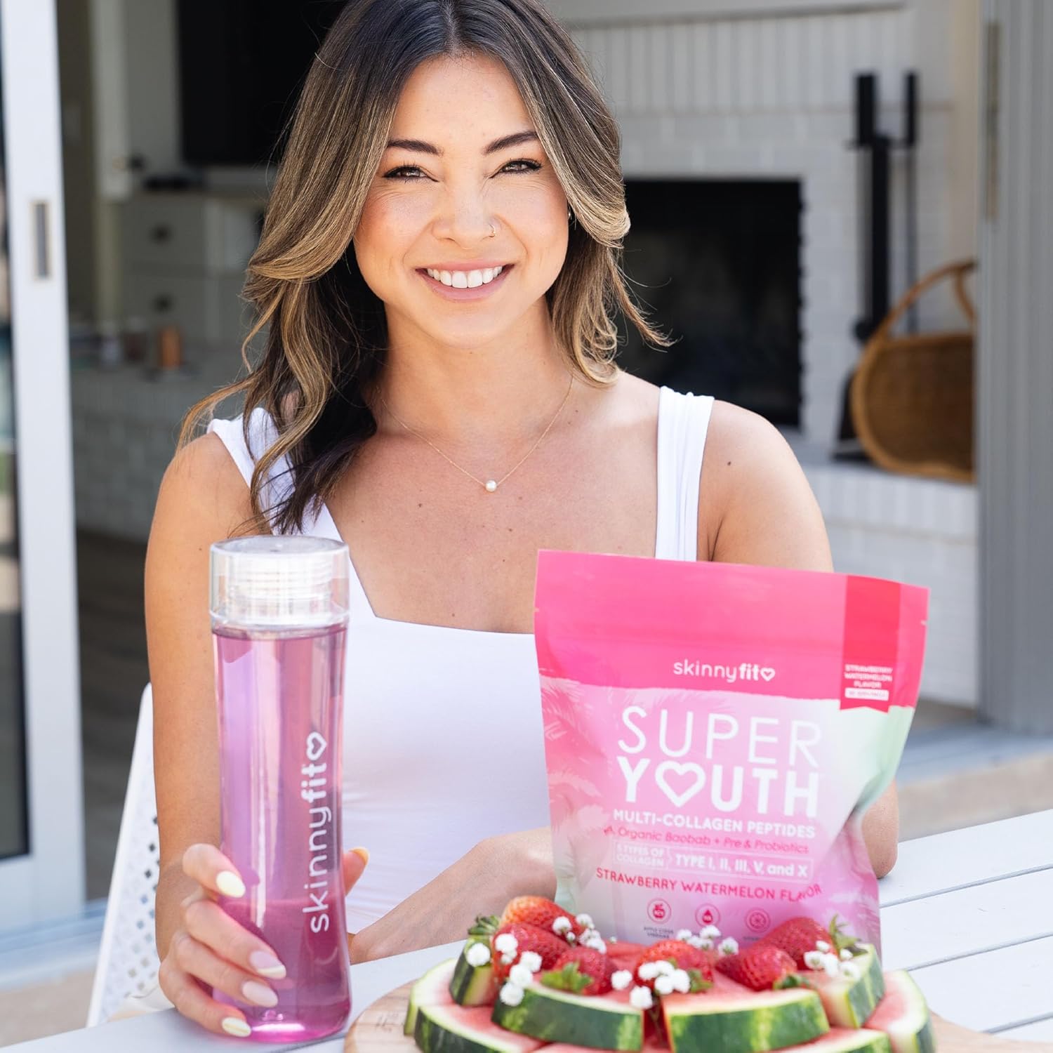 Super Youth Strawberry Watermelon Collagen Peptides with Probiotics, Fiber, Hyaluronic Acid, Vitamin C - Skin, Hair, Joint & Metabolism Support