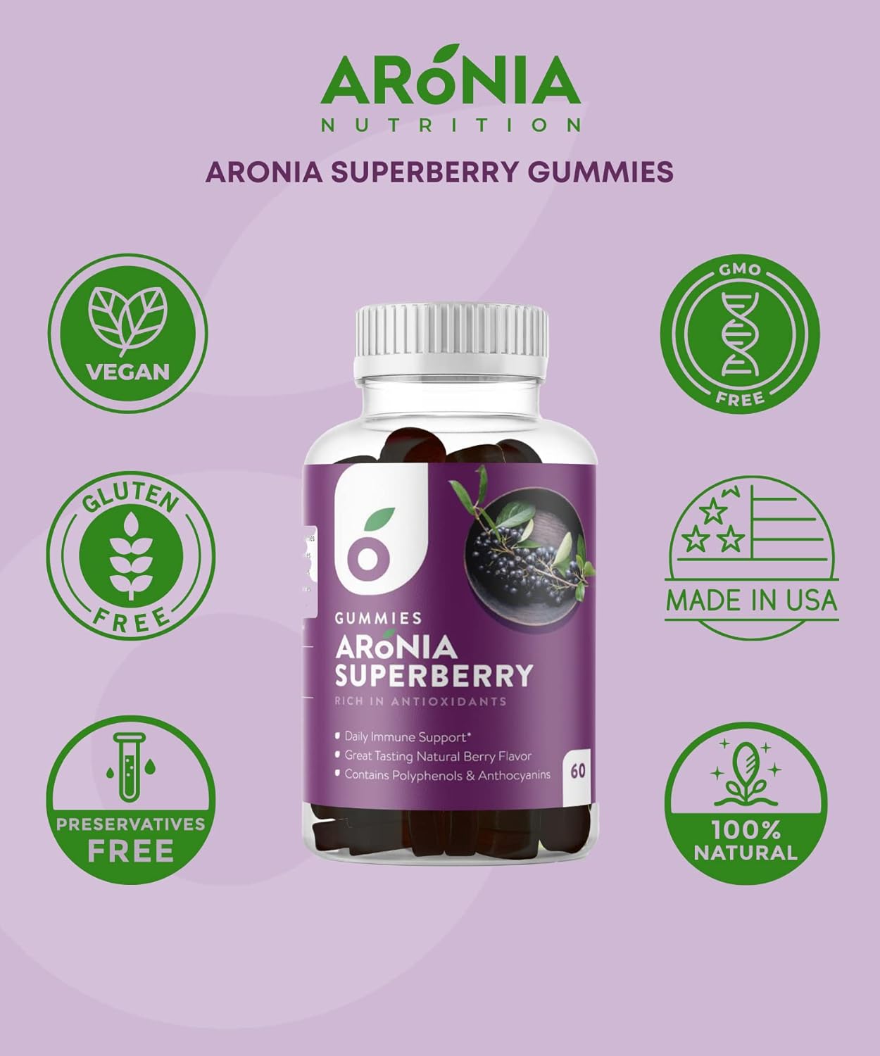 SuperBerry Aronia Gummies - Immune Support with Antioxidants, Better than Elderberry, Natural Berry Flavor - 60 Count