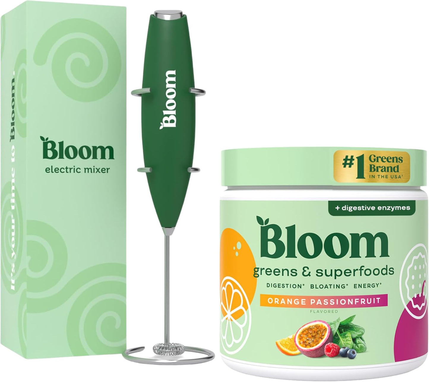 Superfood Greens Powder with Digestive Enzymes, Probiotics, and Prebiotics for Gut Health and Bloating Relief, Orange Passionfruit Flavor + High-Powered Milk Frother