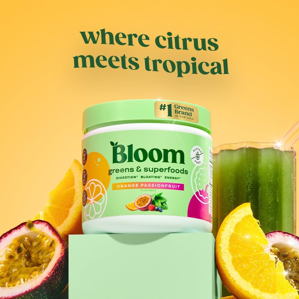Superfood Greens Powder with Digestive Enzymes, Probiotics, and Prebiotics for Gut Health and Bloating Relief, Orange Passionfruit Flavor + High-Powered Milk Frother
