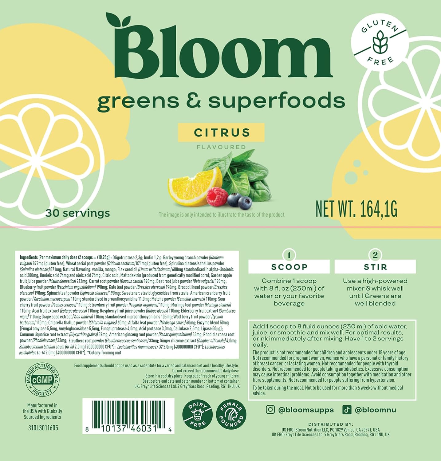 Superfood Greens Powder with Digestive Enzymes, Probiotics, and Prebiotics for Women - Gut Health and Bloating Relief - Chlorella, Beet Root, Citrus - 30 Servings