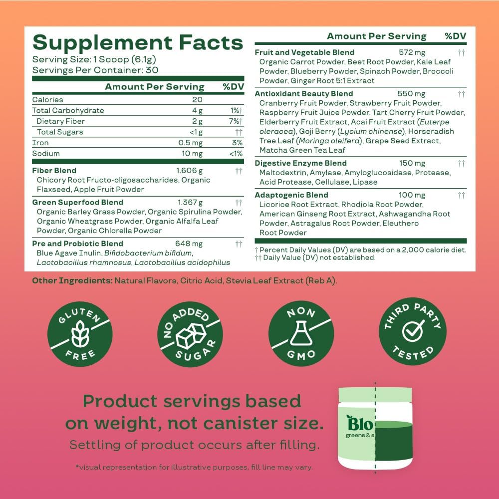 Superfood Greens Powder with Digestive Enzymes, Probiotics, and Prebiotics for Gut Health and Bloating Relief, Orange Passionfruit Flavor + High-Powered Milk Frother