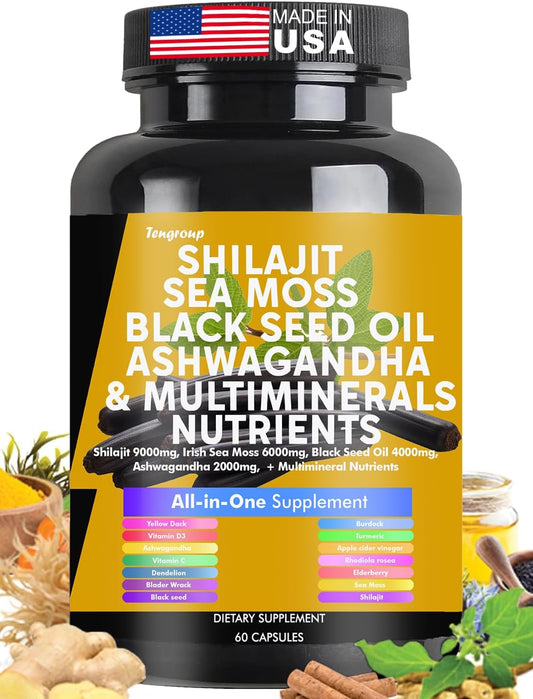 Superfood Immune Boosting Supplement with Shilajit, Sea Moss, Black Seed Oil, Ashwagandha, Burdock, Vitamin C & D3, Elderberry, Rhodiola Rosea, Dandelion, Yellow Dock, Turmeric, and ACV
