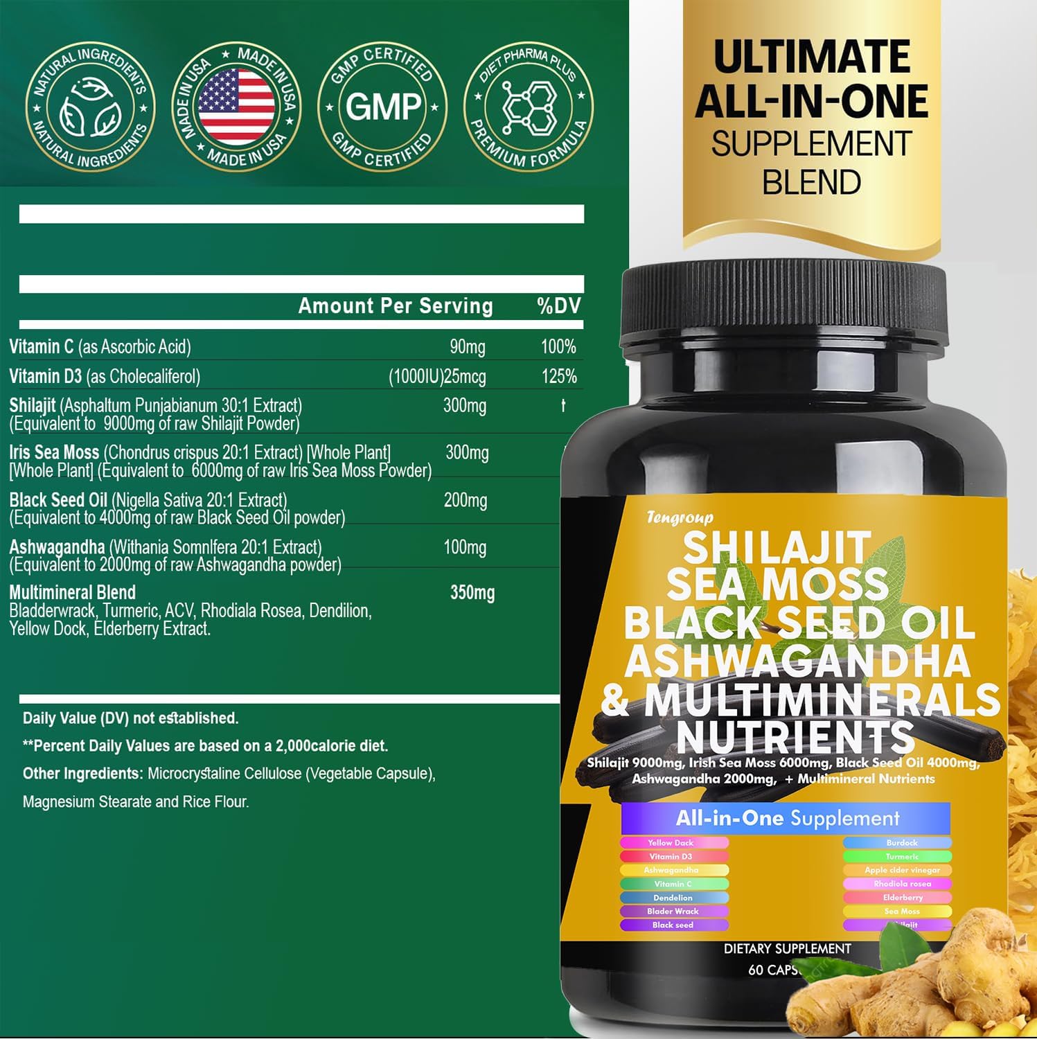 Superfood Immune Boosting Supplement with Shilajit, Sea Moss, Black Seed Oil, Ashwagandha, Burdock, Vitamin C & D3, Elderberry, Rhodiola Rosea, Dandelion, Yellow Dock, Turmeric, and ACV