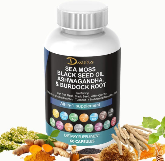 Superfood Immune Support Supplement with Sea Moss, Black Seed Oil, Ashwagandha, Turmeric, Bladderwrack, Burdock, Vitamin C & D3, Elderberry, Manuka, Dandelion, Yellow Dock, Iodine, Chlorophyll, ACV