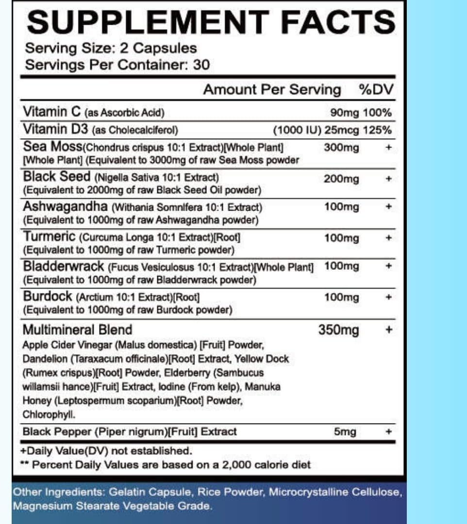 Superfood Immune Support Supplement with Sea Moss, Black Seed Oil, Ashwagandha, Turmeric, Bladderwrack, Burdock, Vitamin C & D3, Elderberry, Manuka, Dandelion, Yellow Dock, Iodine, Chlorophyll, ACV