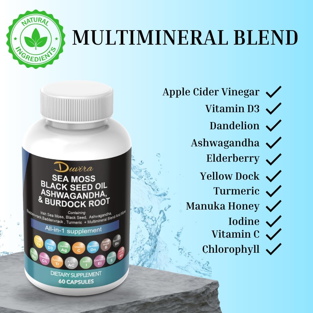 Superfood Immune Support Supplement with Sea Moss, Black Seed Oil, Ashwagandha, Turmeric, Bladderwrack, Burdock, Vitamin C & D3, Elderberry, Manuka, Dandelion, Yellow Dock, Iodine, Chlorophyll, ACV