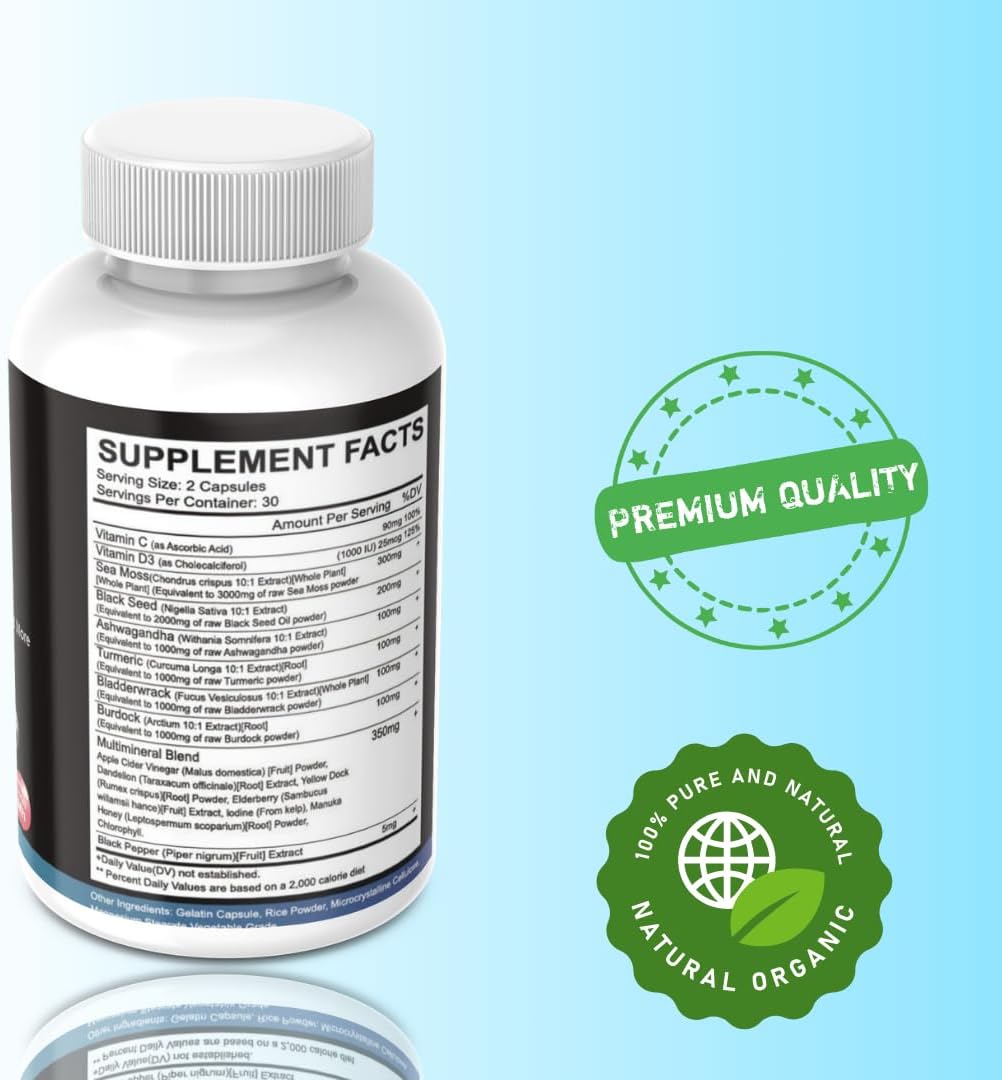 Superfood Immune Support Supplement with Sea Moss, Black Seed Oil, Ashwagandha, Turmeric, Bladderwrack, Burdock, Vitamin C & D3, Elderberry, Manuka, Dandelion, Yellow Dock, Iodine, Chlorophyll, ACV