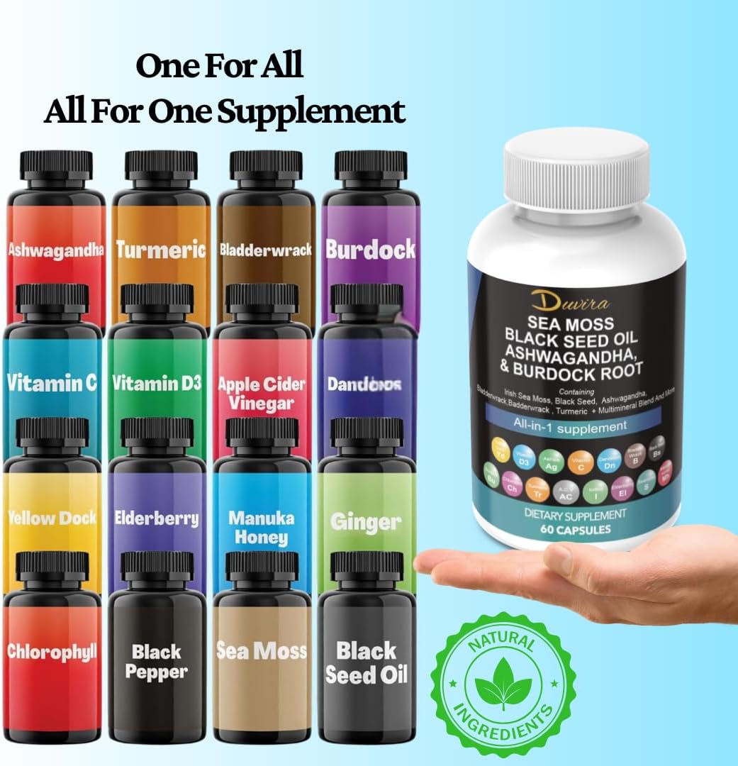 Superfood Immune Support Supplement with Sea Moss, Black Seed Oil, Ashwagandha, Turmeric, Bladderwrack, Burdock, Vitamin C & D3, Elderberry, Manuka, Dandelion, Yellow Dock, Iodine, Chlorophyll, ACV
