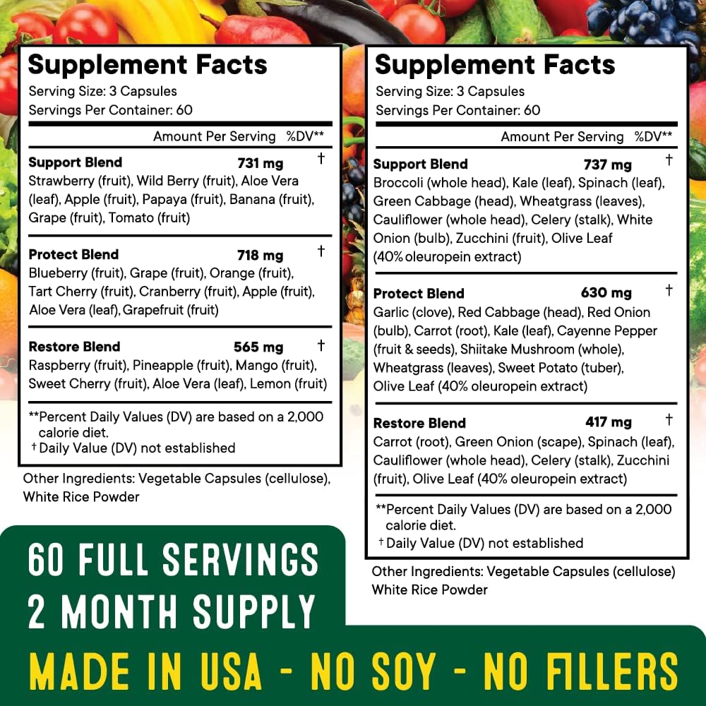 Superfood MD Whole Super Fruit and Vegetable Capsules with Olive Leaf - 720 Count (Pack of 4) - Natural Super Fruit and Veggie Supplements & Vitamins