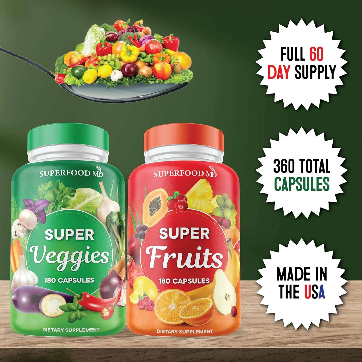 Superfood MD Whole Super Fruit and Vegetable Capsules with Olive Leaf - 720 Count (Pack of 4) - Natural Super Fruit and Veggie Supplements & Vitamins