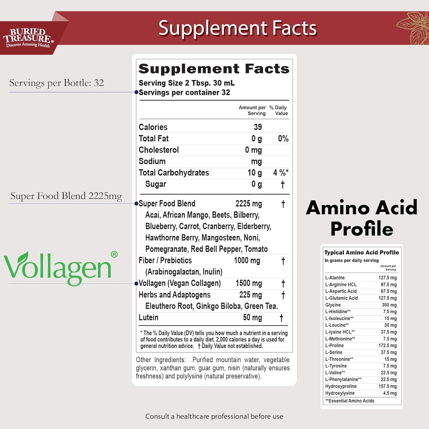 SuperFood Powder with Antioxidants, Beet Root, Elderberry, Green Tea - Liquid Reds Fusion - Vegan Amino Acids & Prebiotics - Buried Treasure Red20