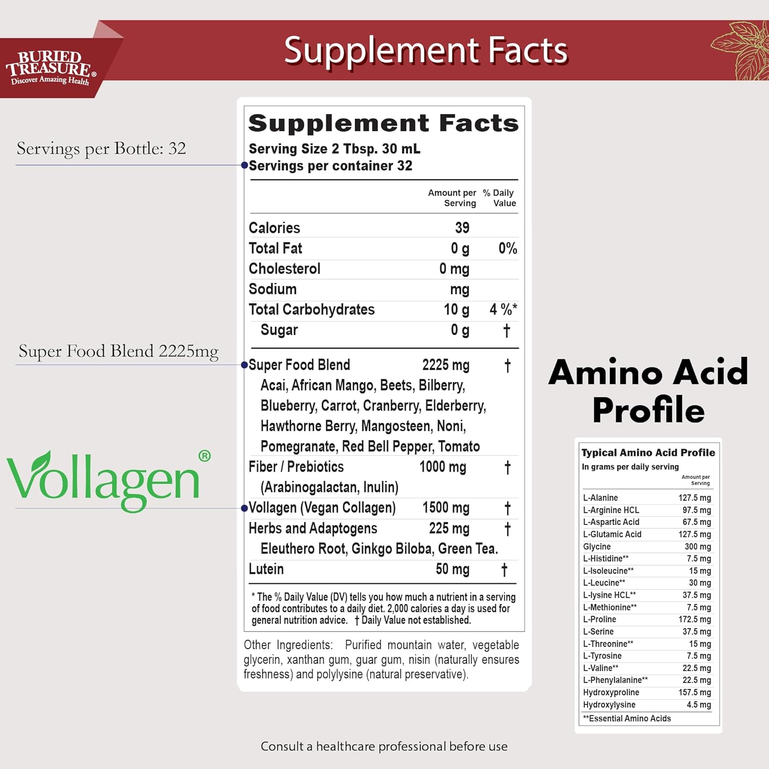 SuperFood Powder with Antioxidants, Beet Root, Elderberry, Green Tea - Liquid Reds Fusion - Vegan Amino Acids & Prebiotics - Buried Treasure Red20
