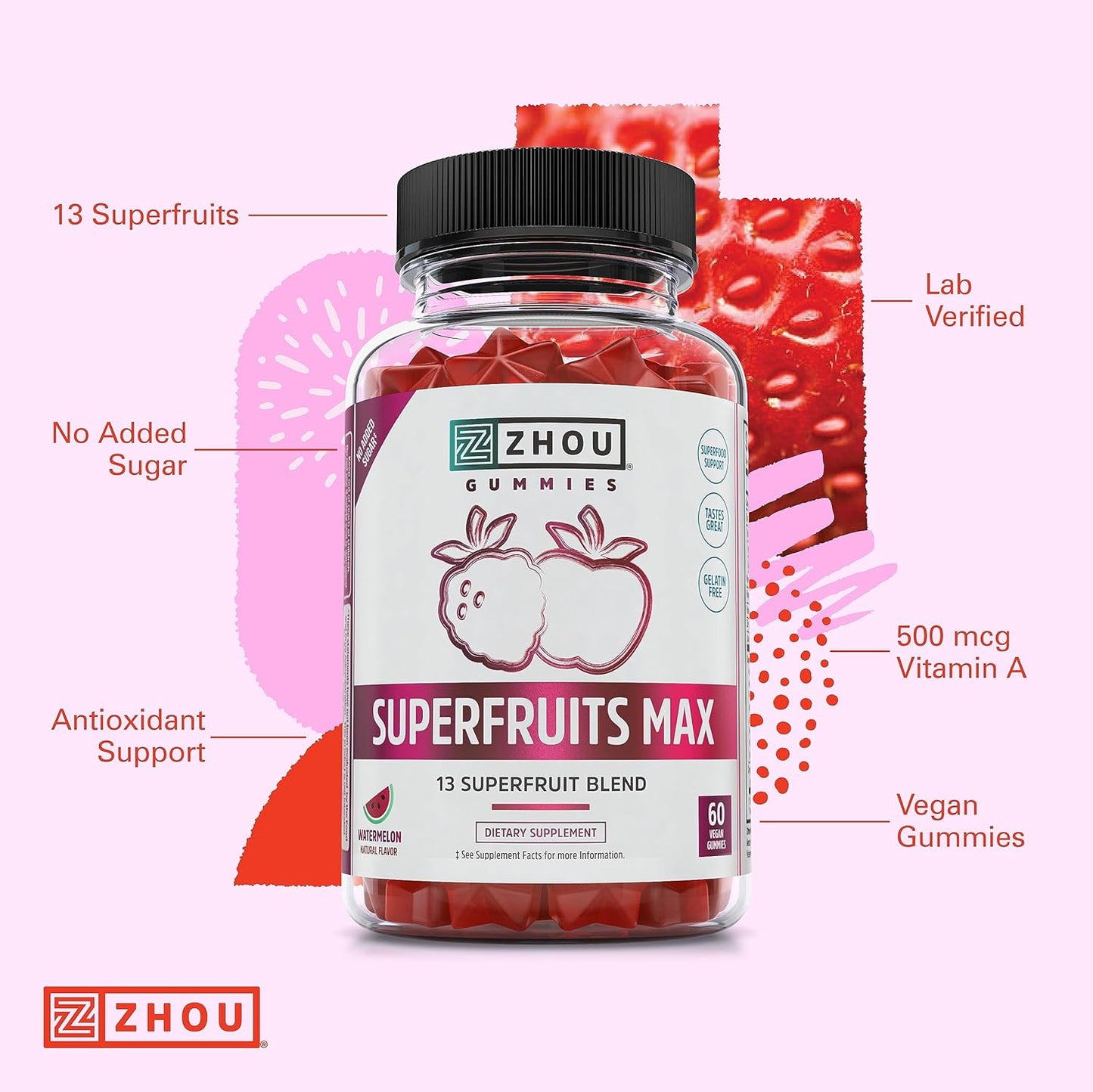 Superfruit Multivitamin Gummies with 13 Natural Superfruits - Rich in Vitamins A, C, E, Zinc - Immunity, Digestion, Energy - 60 Vegan Gummies