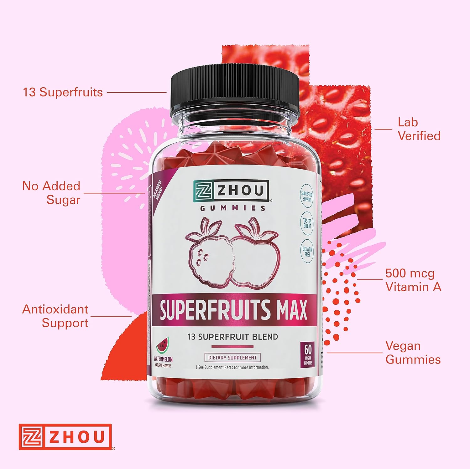 Superfruit Multivitamin Gummies with 13 Natural Superfruits - Rich in Vitamins A, C, E, Zinc - Immunity, Digestion, Energy - 60 Vegan Gummies