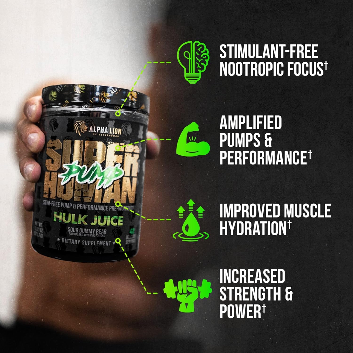 Superhuman Pump Pre Workout Powder - Nootropic, Stim-Free, Nitric Oxide Booster, Muscle Gainer, Energy & Focus - 42 Servings, Hulk Juice Flavor
