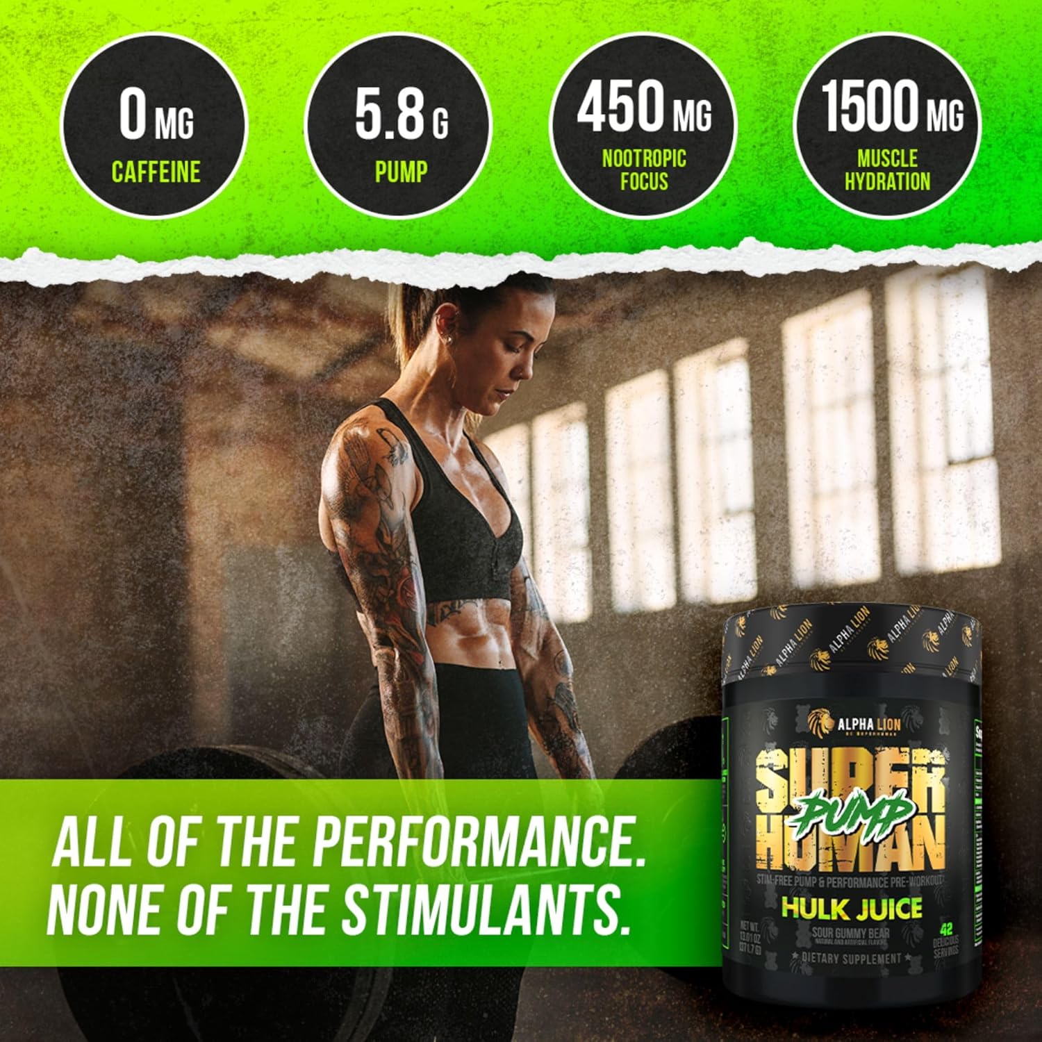 Superhuman Pump Pre Workout Powder - Nootropic, Stim-Free, Nitric Oxide Booster, Muscle Gainer, Energy & Focus - 42 Servings, Hulk Juice Flavor