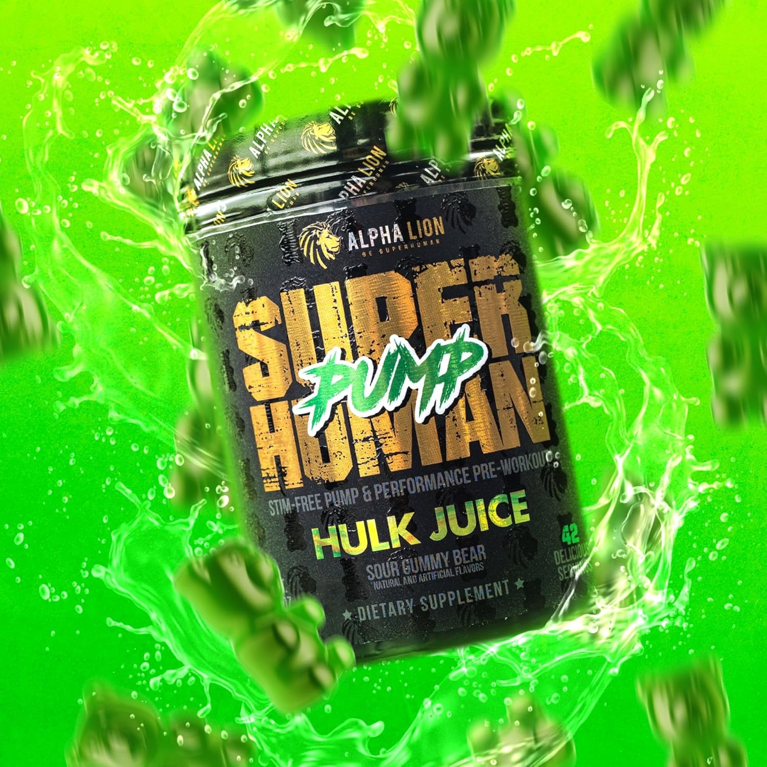 Superhuman Pump Pre Workout Powder - Nootropic, Stim-Free, Nitric Oxide Booster, Muscle Gainer, Energy & Focus - 42 Servings, Hulk Juice Flavor