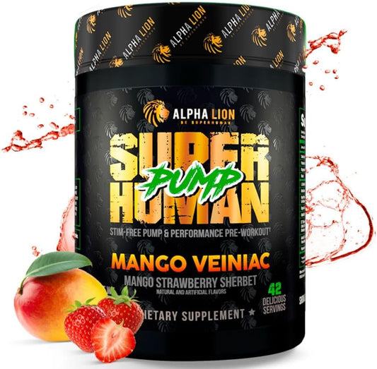 Superhuman Pump Pre Workout Powder with Nootropic Caffeine & Nitric Oxide Booster - Mango Veiniac Flavor - 42 Servings
