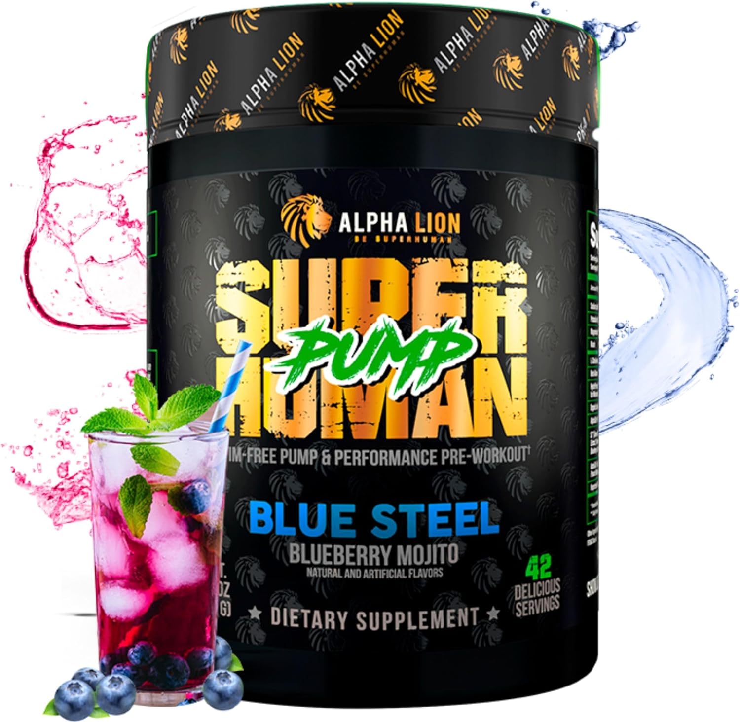 Superhuman Pump Pre Workout Powder with Nootropic Caffeine - Nitric Oxide Booster for Muscle Gain and Energy - Blueberry Steel Flavor (42 Servings)