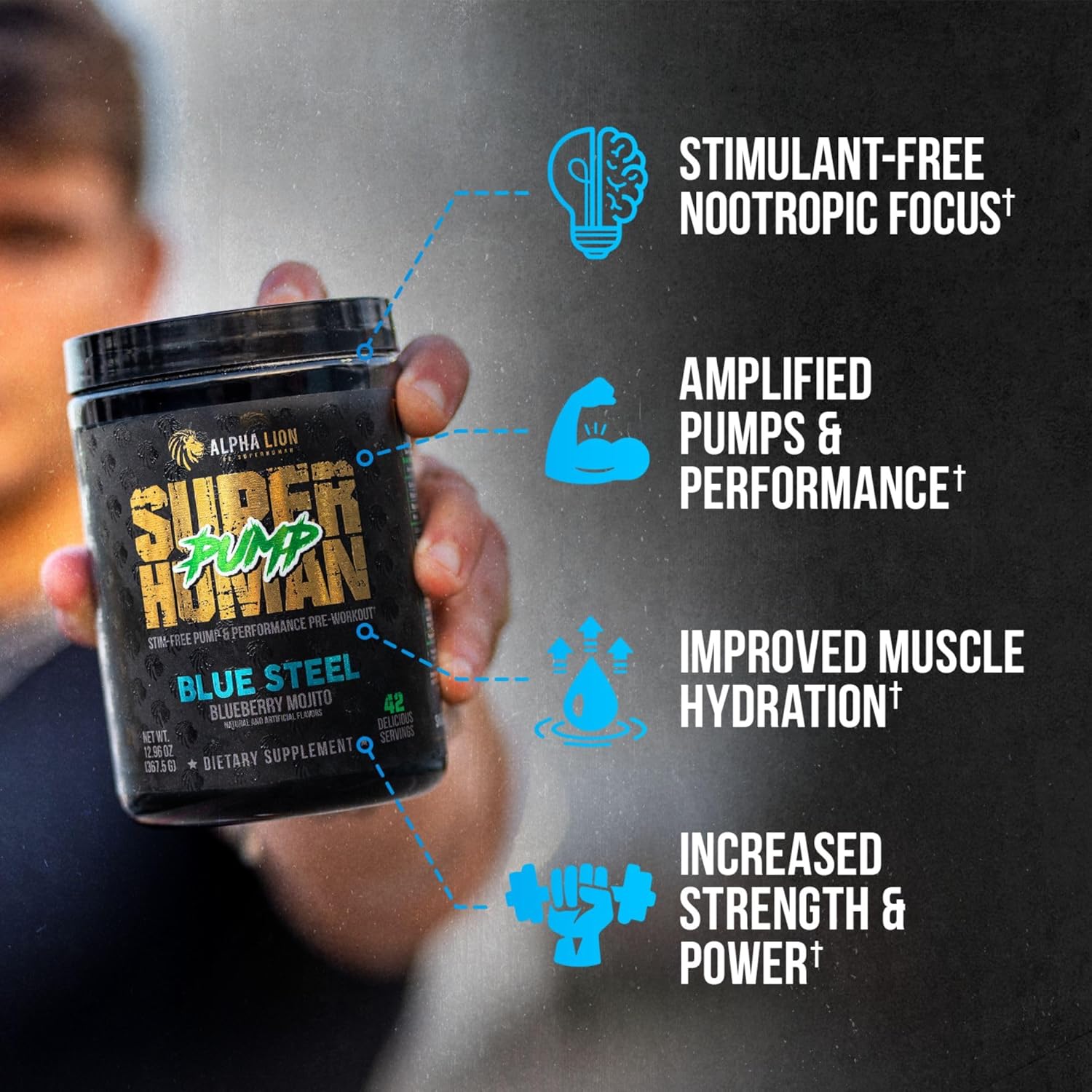 Superhuman Pump Pre Workout Powder with Nootropic Caffeine - Nitric Oxide Booster for Muscle Gain and Energy - Blueberry Steel Flavor (42 Servings)