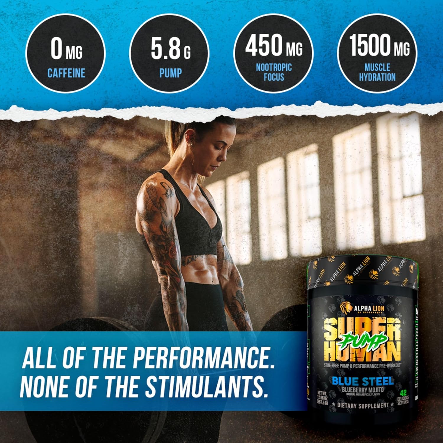 Superhuman Pump Pre Workout Powder with Nootropic Caffeine - Nitric Oxide Booster for Muscle Gain and Energy - Blueberry Steel Flavor (42 Servings)