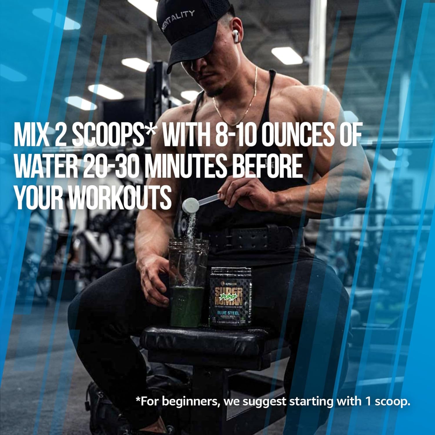 Superhuman Pump Pre Workout Powder with Nootropic Caffeine - Nitric Oxide Booster for Muscle Gain and Energy - Blueberry Steel Flavor (42 Servings)