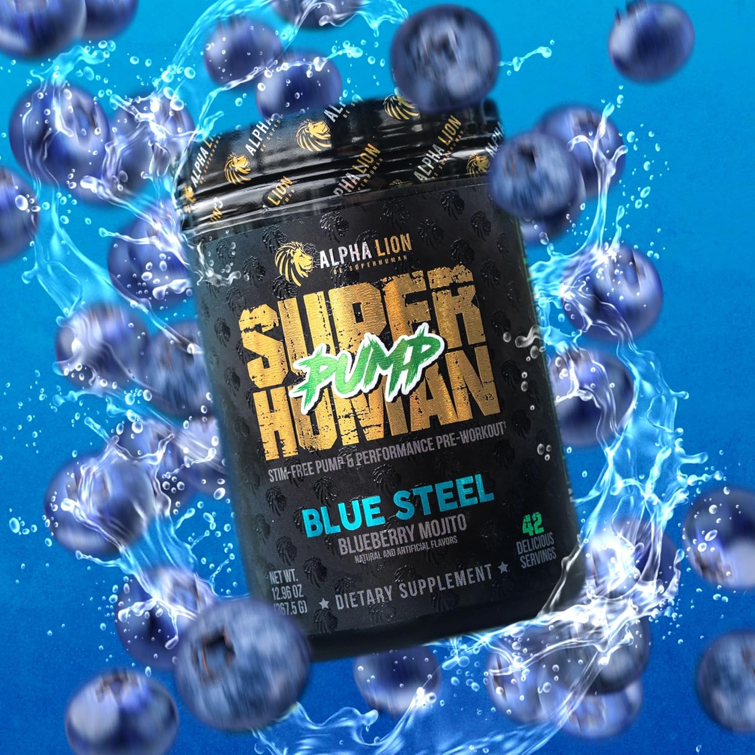 Superhuman Pump Pre Workout Powder with Nootropic Caffeine - Nitric Oxide Booster for Muscle Gain and Energy - Blueberry Steel Flavor (42 Servings)