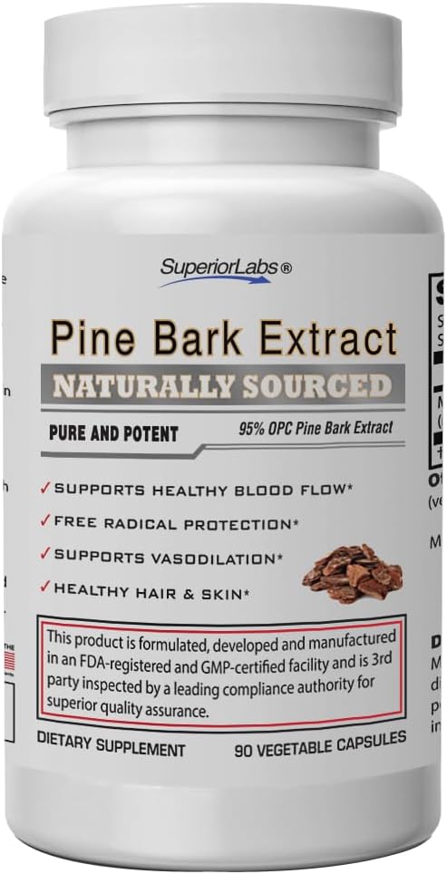 Superior Labs 200mg Pine Bark Extract Capsules - 95% OPC Antioxidant for Circulatory Health - 90 Count - Promotes Healthy Blood Flow & Skin