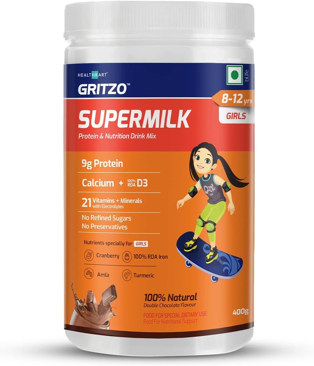 SuperMilk Kids Protein Powder for Growth & Health, Girls 8-12y, High Protein & Calcium Drink, Natural Double Chocolate Flavor, 21 Nutrients - 400g
