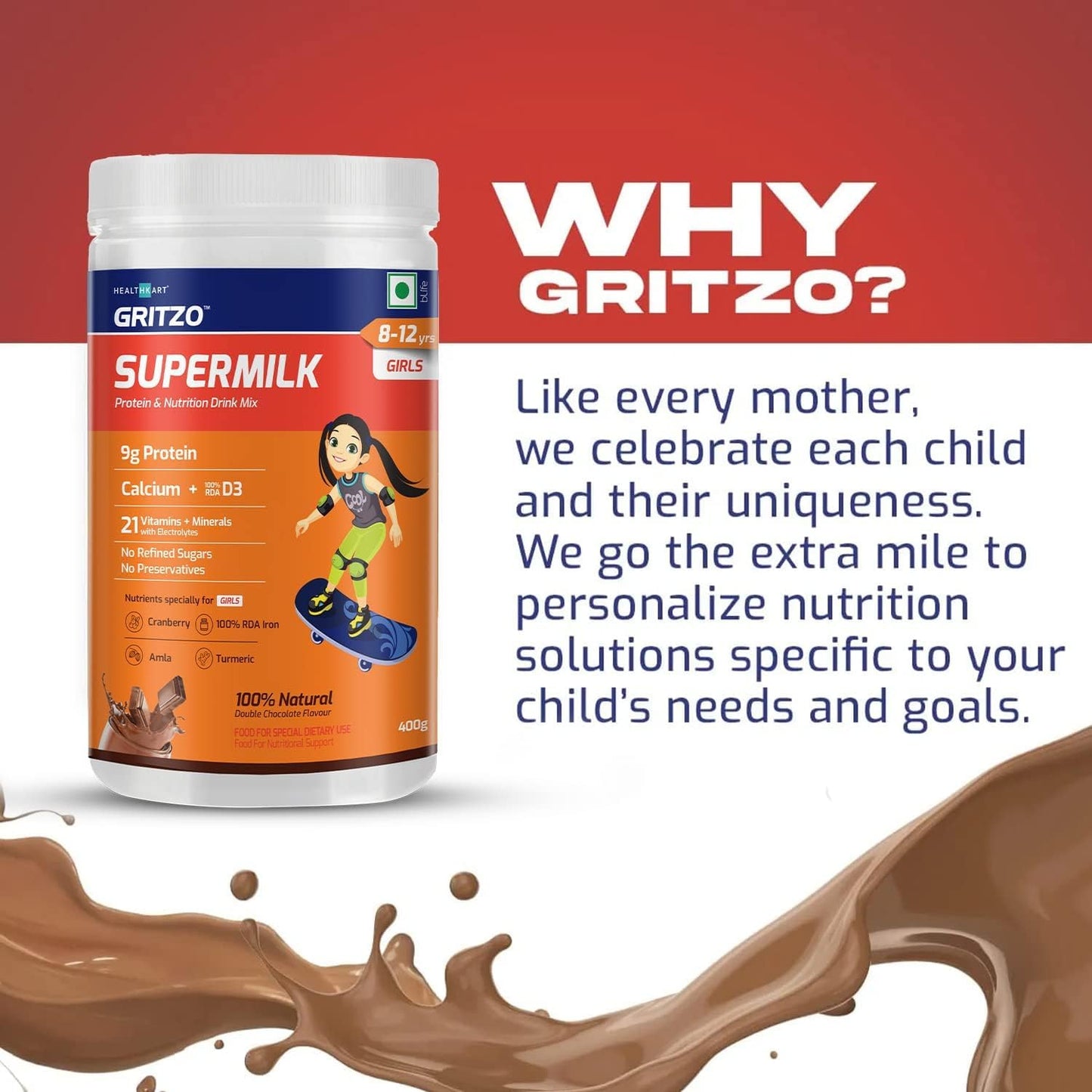SuperMilk Kids Protein Powder for Growth & Health, Girls 8-12y, High Protein & Calcium Drink, Natural Double Chocolate Flavor, 21 Nutrients - 400g